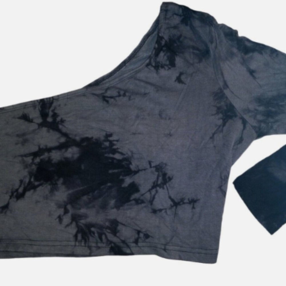 Women’s One Shoulder Crop Top XL Black Gray Tie Dye Asymmetrical Long Sleeve - Picture 5 of 10